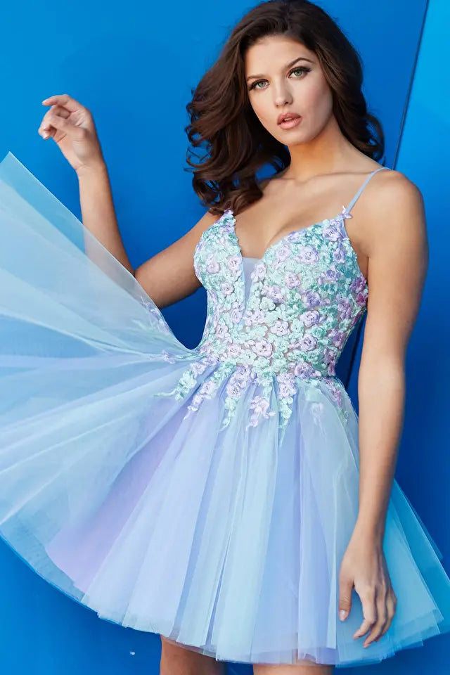 Jovani -09728 Tulle Deep V-neck Short Dress