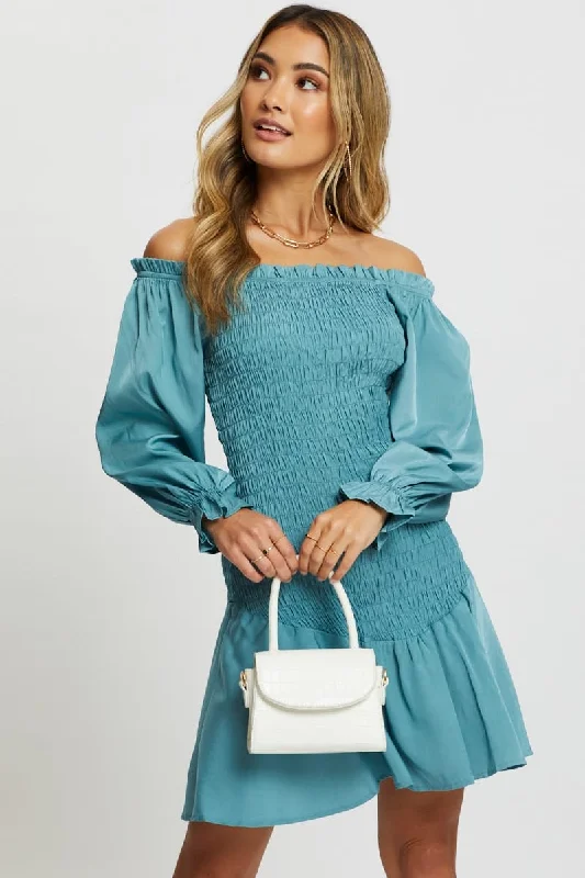 Blue Designer Shirred Of The Shoulder Ruffle Dress