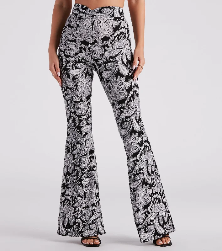 Boho Gal Paisley Cross Waist Flare Pants