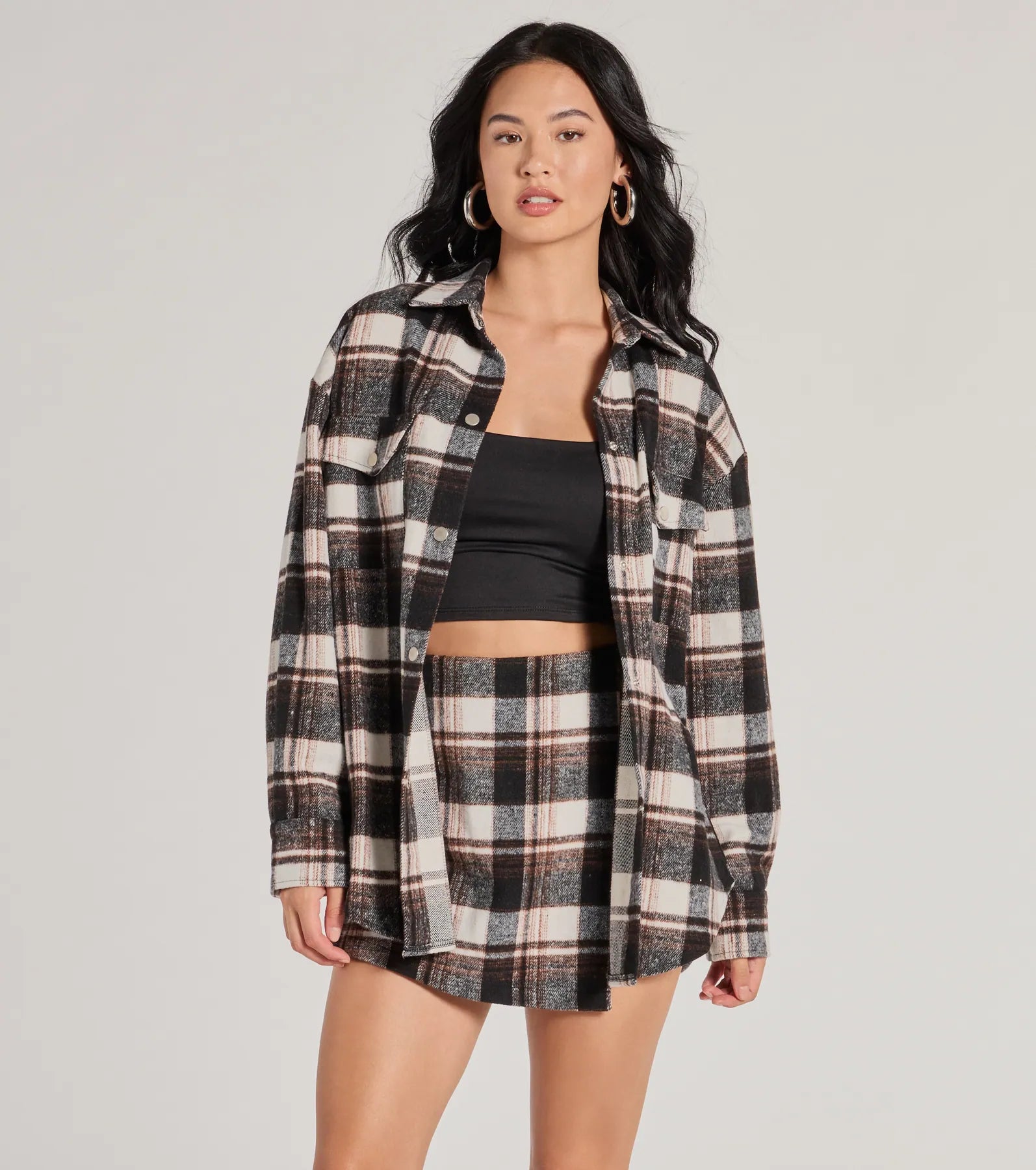 Classically Chic Plaid Long Sleeve Oversized Shacket