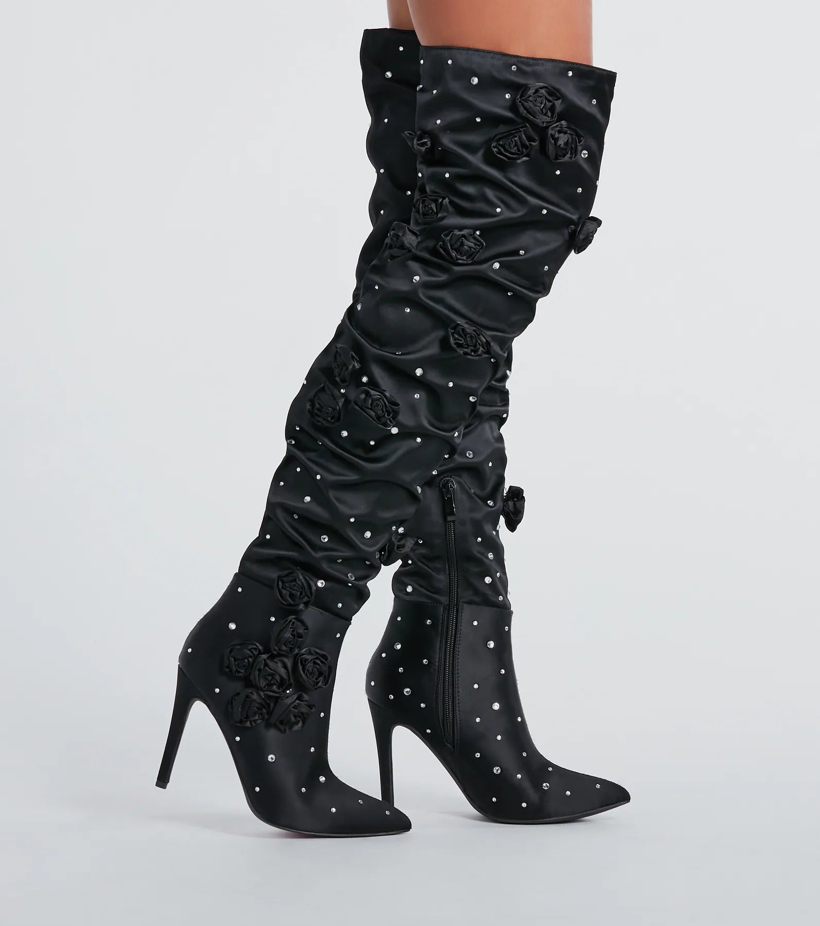 Dramatic Blooms Rosette Rhinestone Thigh-High Boots