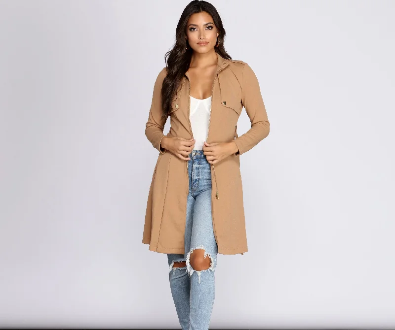 Feminine Flare Zip Up Trench Coat