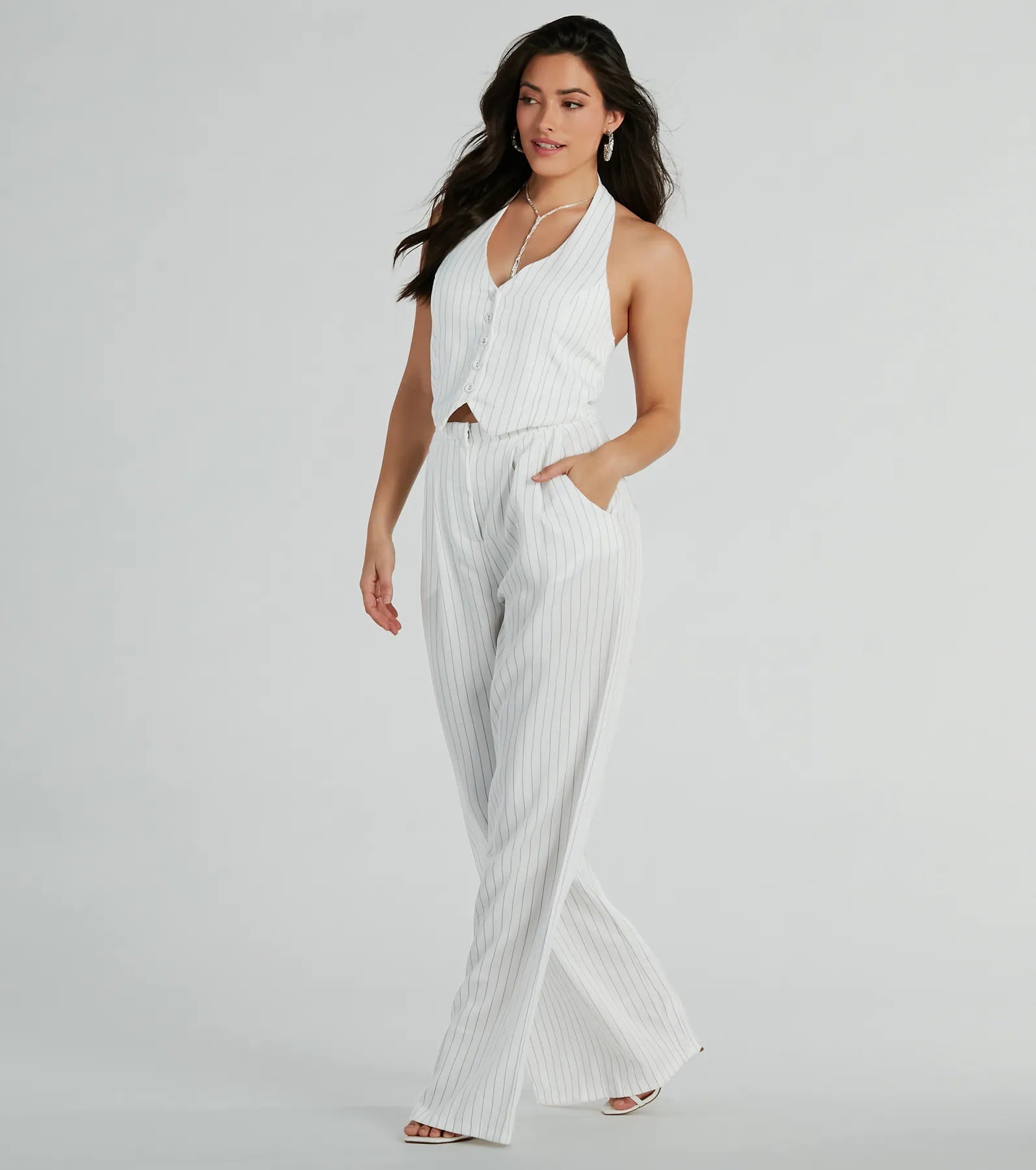 Getaway Vibes Wide-Leg Pinstripe Woven Jumpsuit