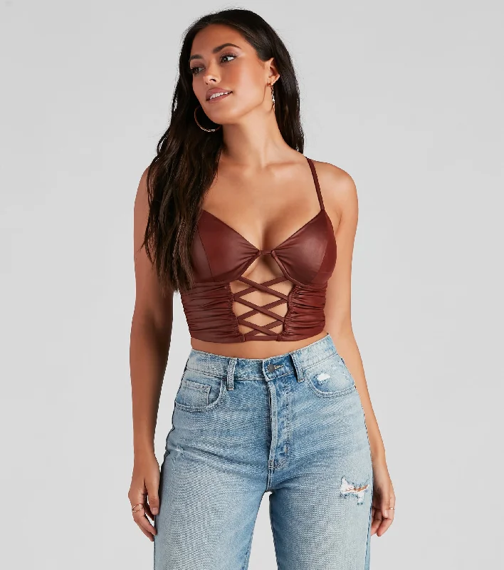 Late Night Faux Leather Lattice Crop Top