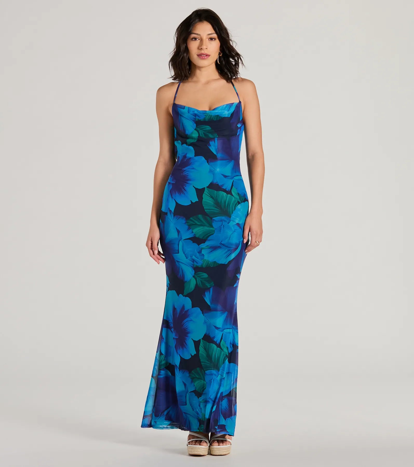 Ocean Breeze Cowl Neck Low Back Tropical Maxi Dress