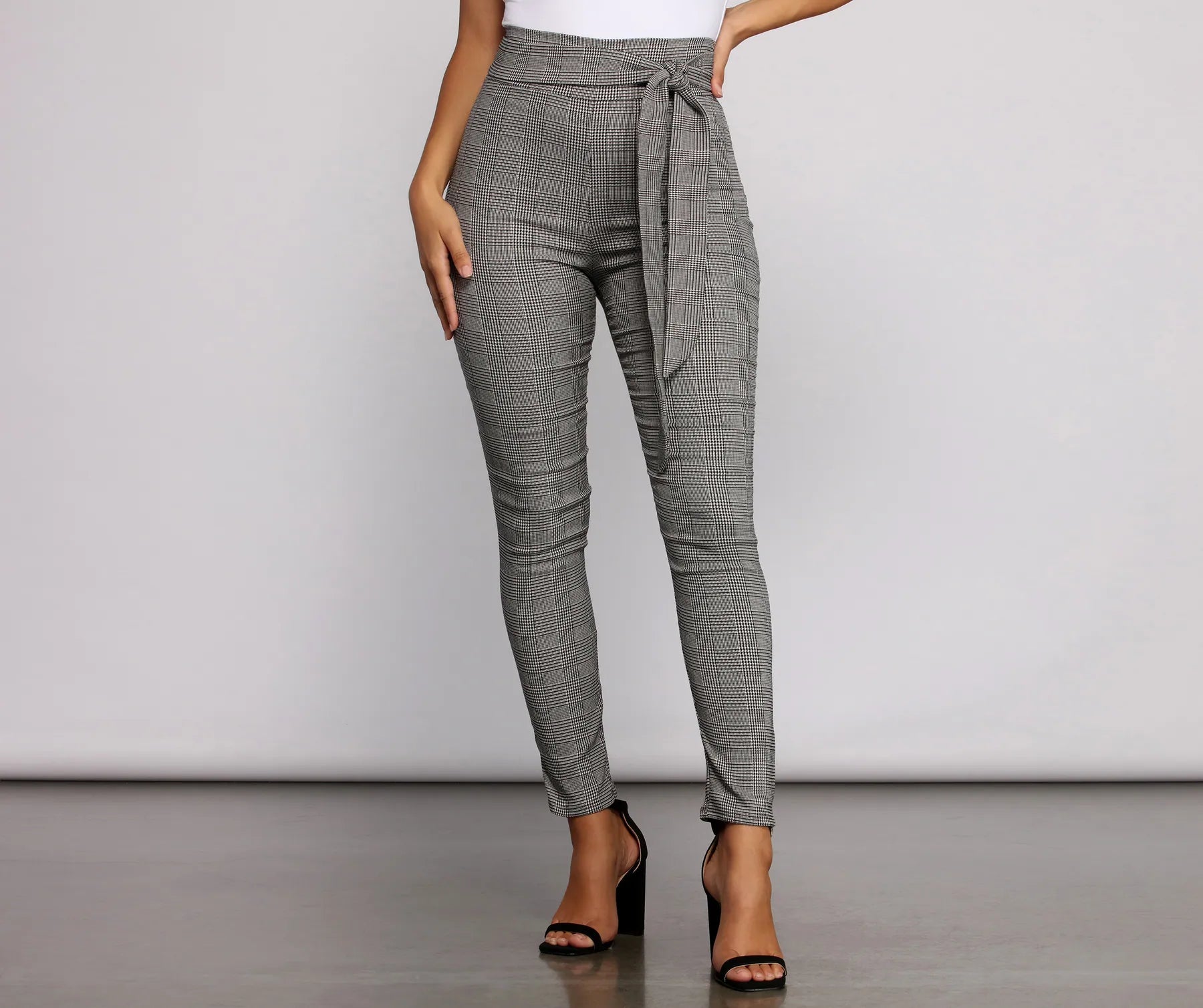 Poised In Plaid Tie Waist Skinny Pants