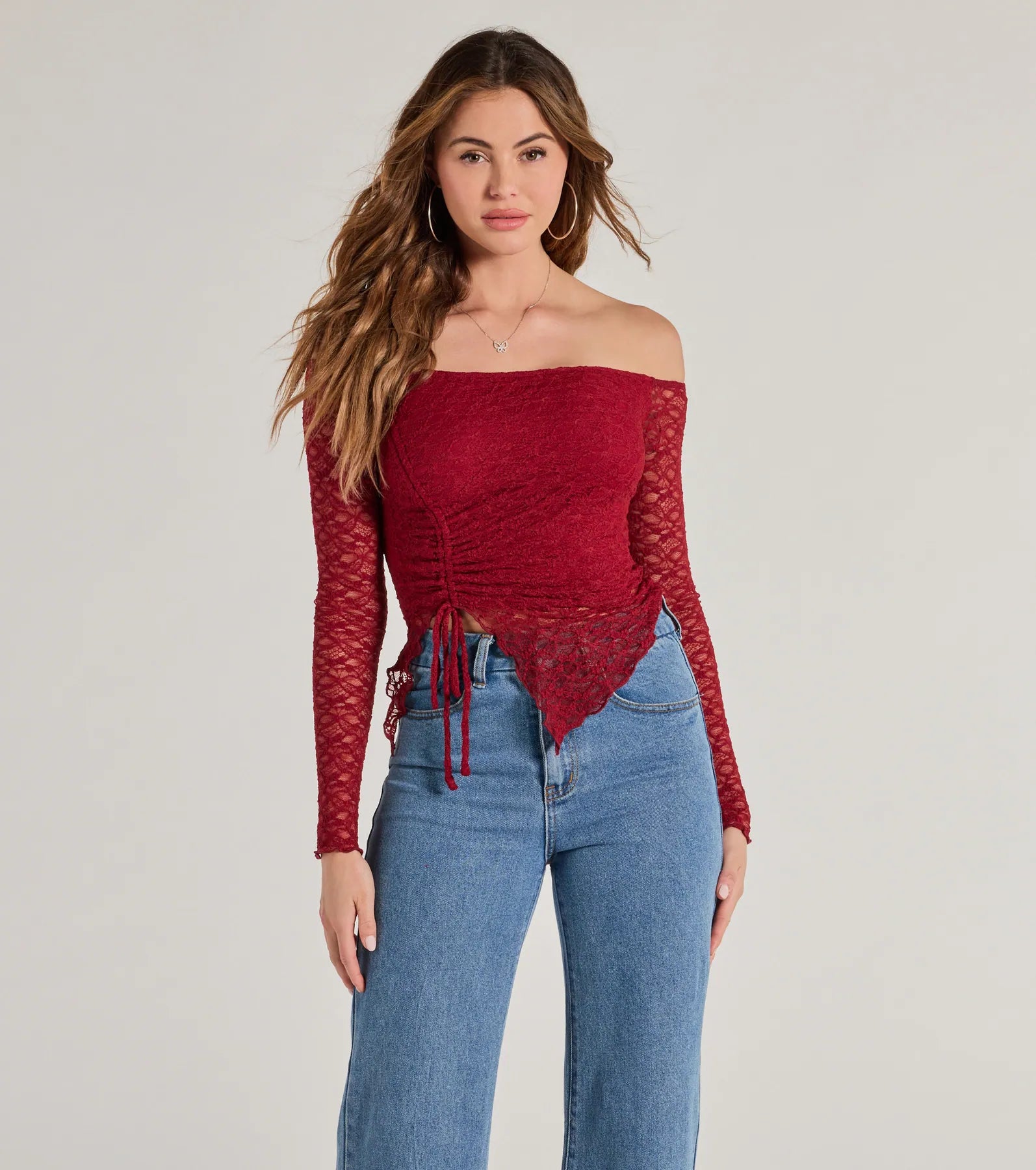 Trendy Babe Off-The-Shoulder Ruched Lace Top