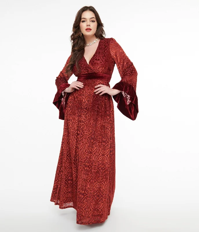 Unique Vintage 1970s Burgundy Velvet Burnout Maxi Dress