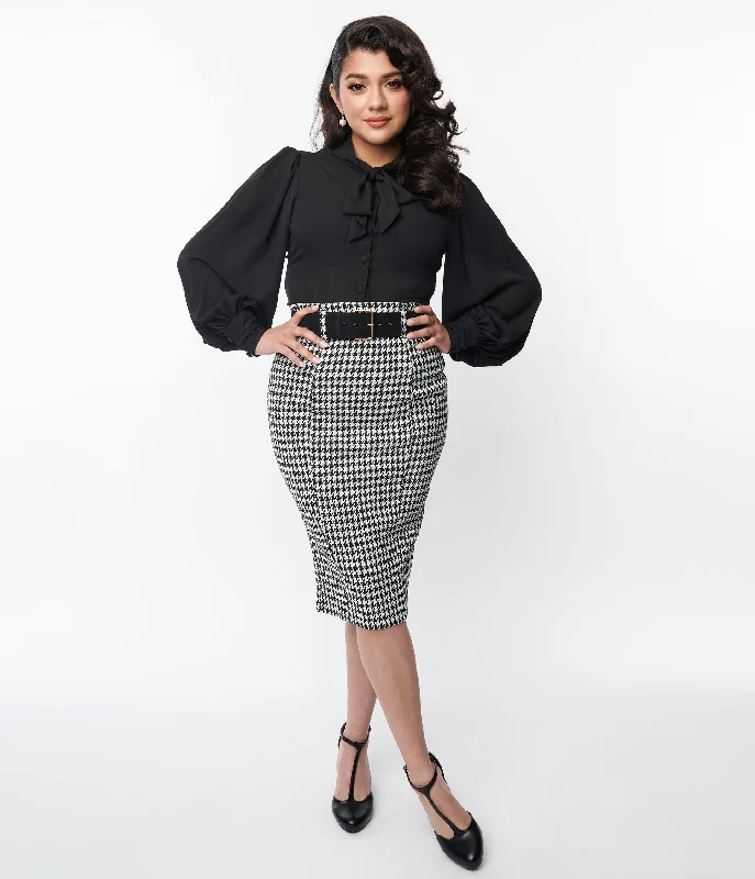 Unique Vintage Black & White Houndstooth Belted Pencil Skirt