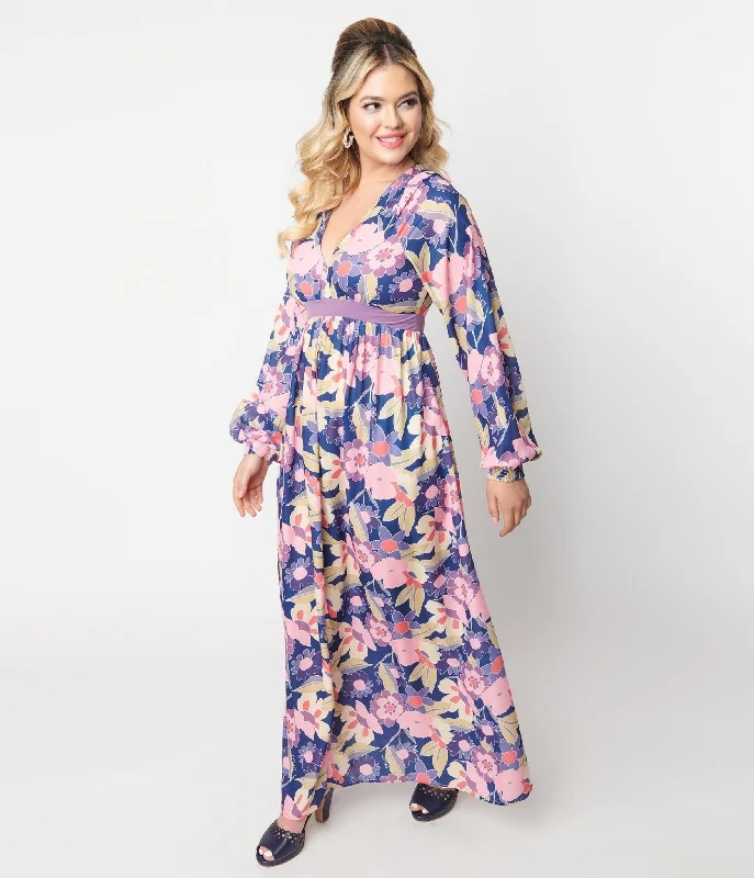 Unique Vintage 1970s Navy & Purple Floral Print Buttercup Maxi Dress