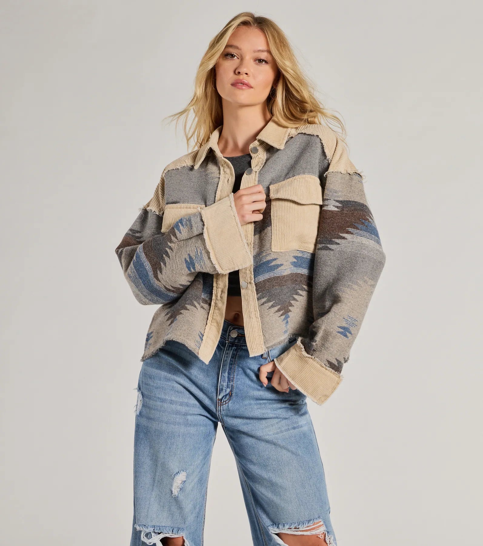 Western Trend Corduroy Trim Woven Shacket