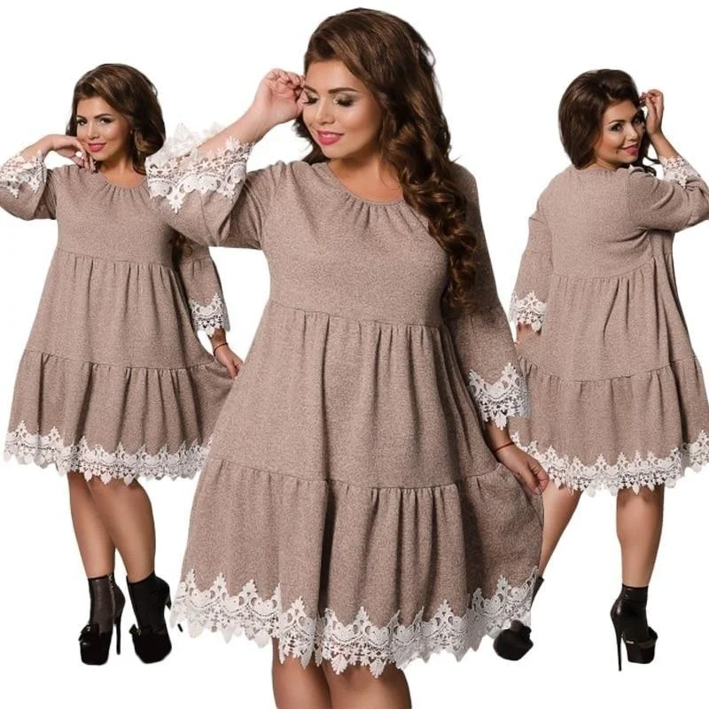 5XL 6XL Large Size Winter Plus Size Women's Patchworked Lace Dress