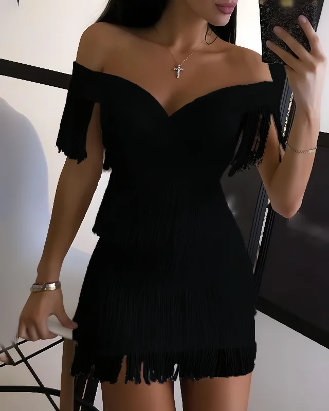 Black One Shoulder Fringe Slim Fit  Bodycon Dress