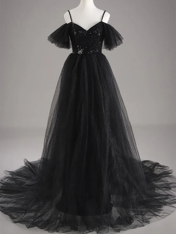 Black Sequin Wedding Dress A line Tulle Flutter Sleeves