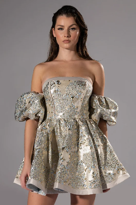 ELOISE OFF THE SHOULDER BROCADE DRESS