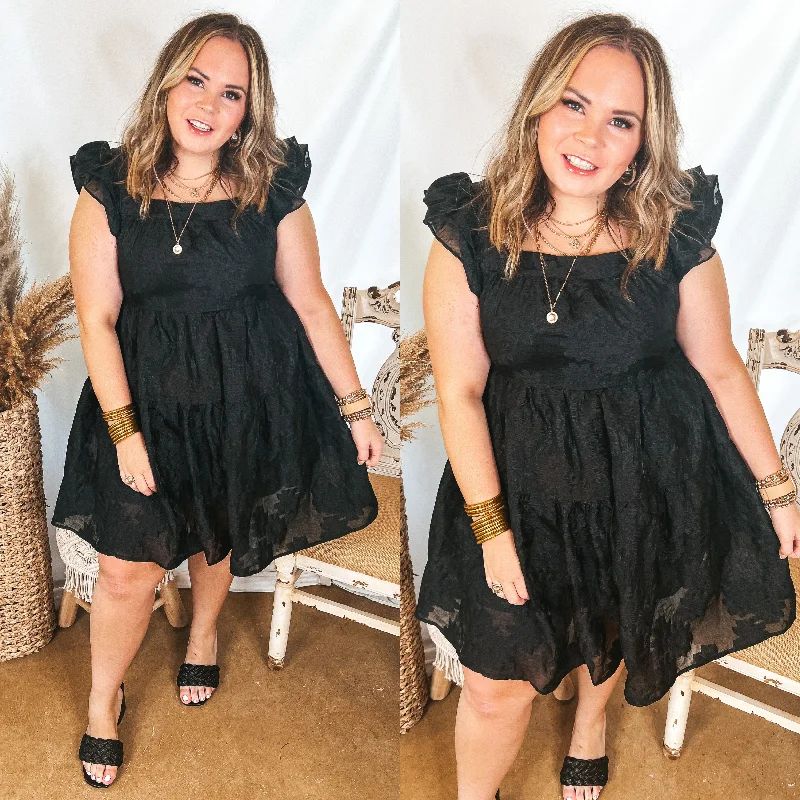 Last Chance Size XL & 1XL | Sweet On Me Floral Embossed Dress with Ruffle Cap Sleeves in Black