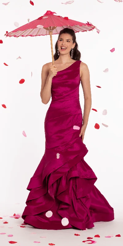 One Shoulder Taffeta Tiered Hem Mermaid Dress