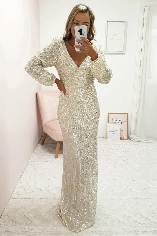 Sorelle Sequin Long Sleeve Gown | Champagne