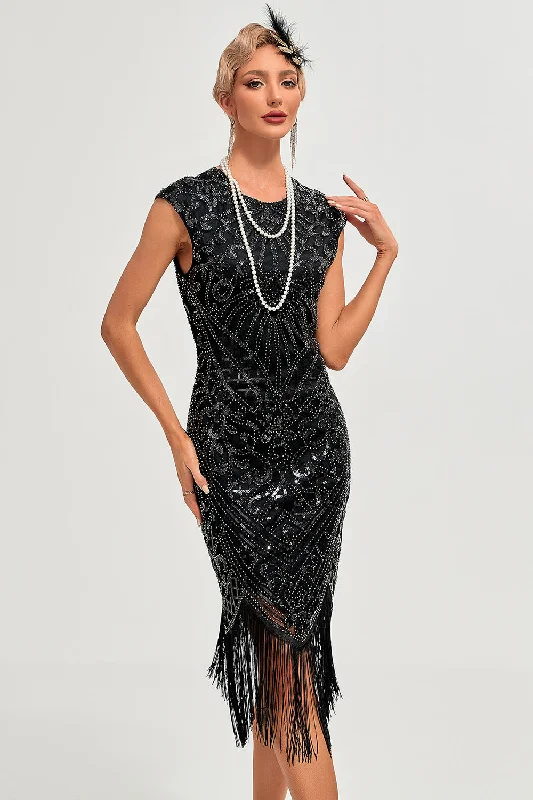 Sparkly Black Beaded Fringed 1920s Gatsby Dress