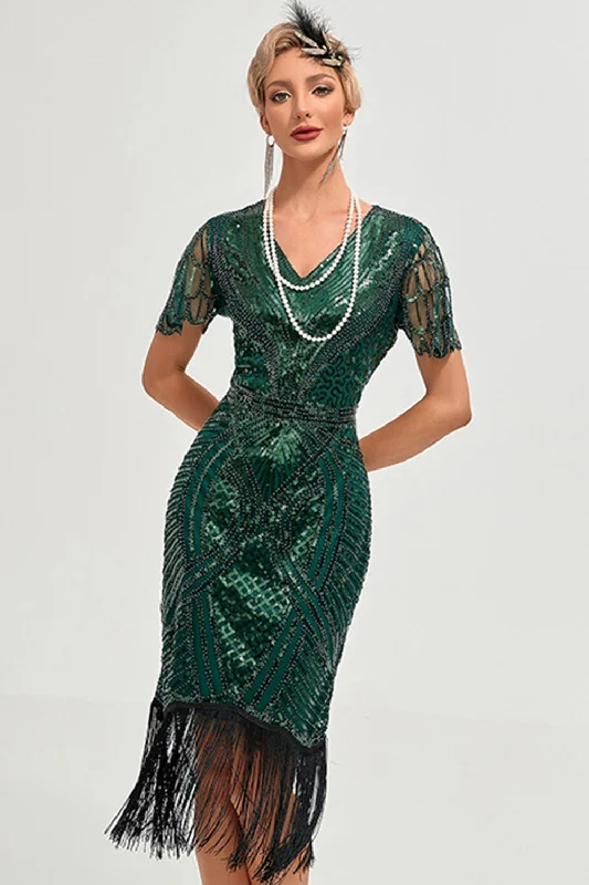 Sparkly Dark Green Beaded Fringed Cap Sleeves 1920s Gatsby Dress