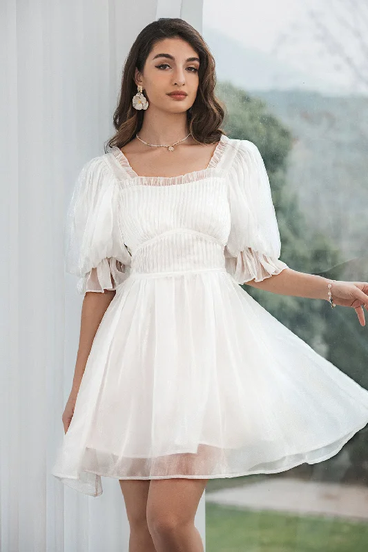 Cute Tulle Pleated White Graduation Dress with Lace-up Back