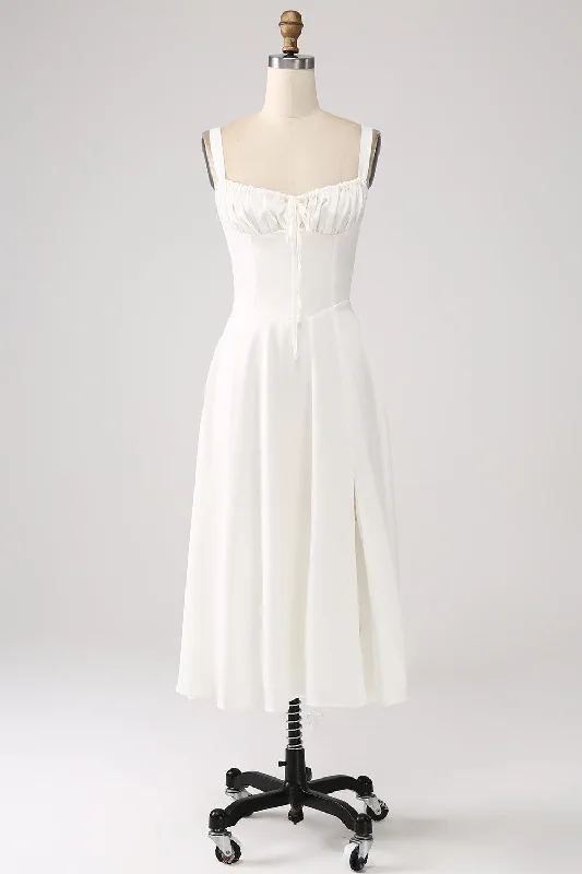 White Midi Graduation Dress with Lace-up Back