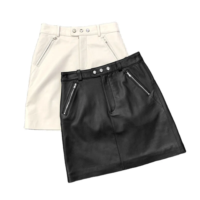 2022 New Arrivals Wholesale Genuine Leather Skirts Sexy High Waist Black Short Mini Rivet Leather Skirts