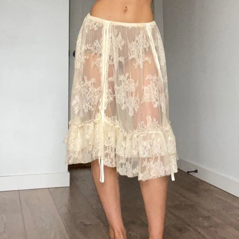 Lunivop Beige Lace Midi Skirt Women Sexy See Through Beach Bikini Cover Up Skirts Summer Fashion Shirring High Waist Holiday Skirt 2024