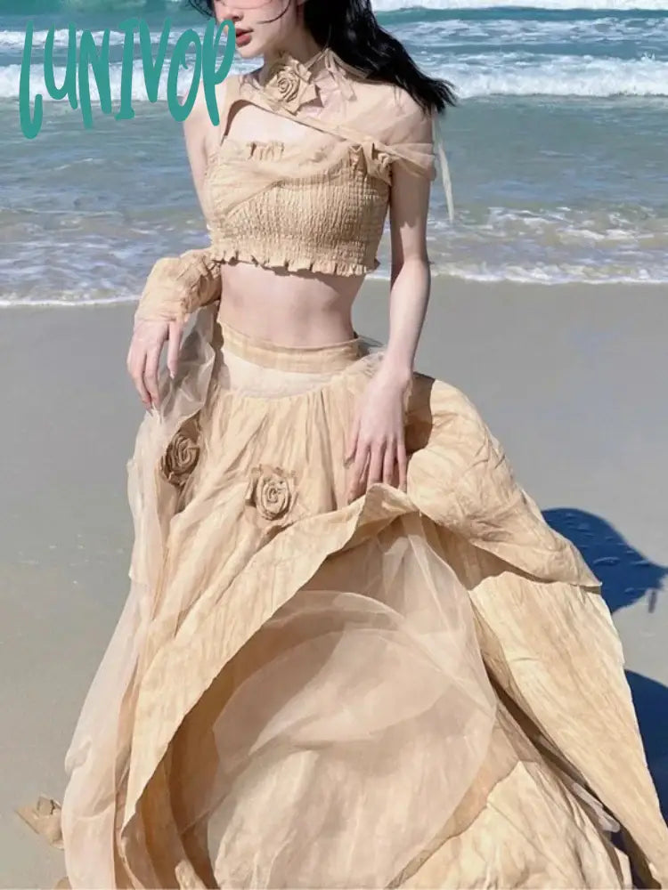 Lunivop Chiffon Beach Party Two Piece Set Women Flower France Vintage Midi Skirt Suit Female Oversleeve Crop Tops + Elegant Skirt