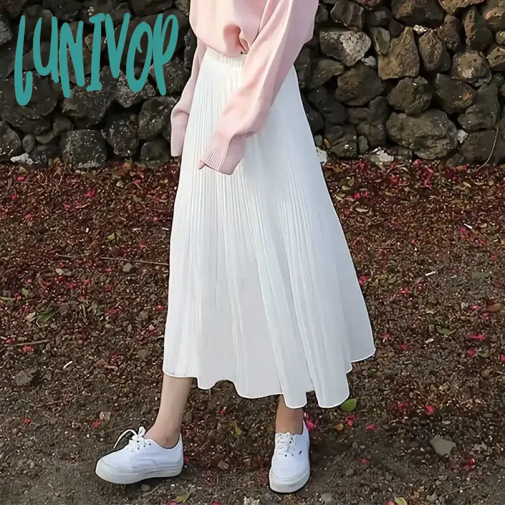 Lunivop Fairy Core Long White Skirt for Women Girl A-line Pleated Midi Skirt High Waist Summer Fairycore Clothes Y2k Clothing