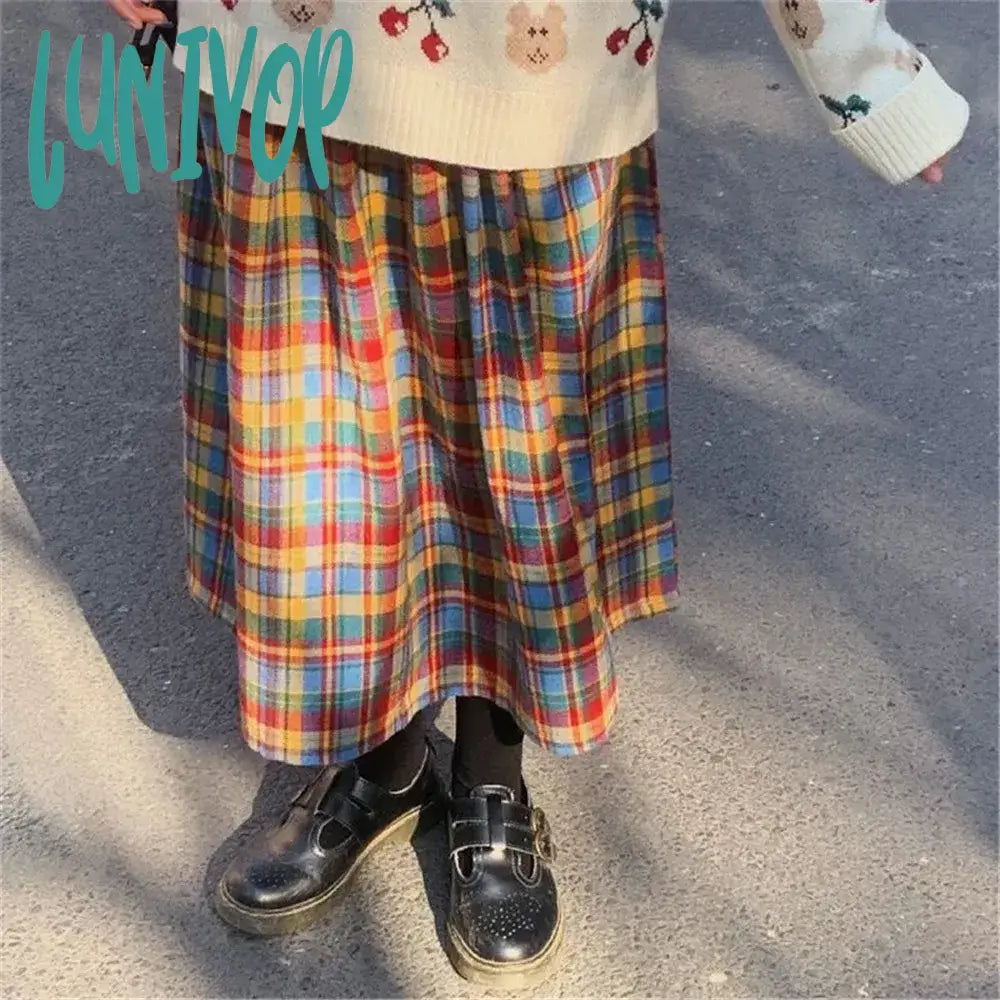 Lunivop Japanese Rainbow High Waist A-Line Wool Plaid Skirt Female Students Preppy Style Wild Midi Skirt Women Autumn Long Skirt