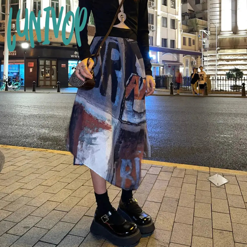 Lunivop Punk Midi Skirt Women Streetwear Graffiti Print Irregular Skirts Harajuku Gothic Korean Fashion High Waist A Line Skirt