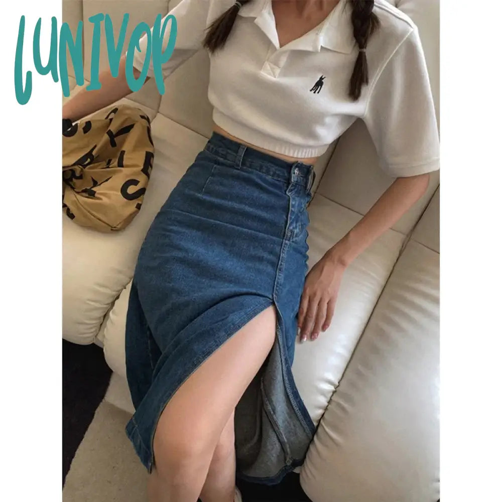 Lunivop Slit Denim Midi Skirt Women Vintage High Waist Hip Wrap Jeans Skirts Summer Streetwear Korean Slim Split Pencil Skirt New