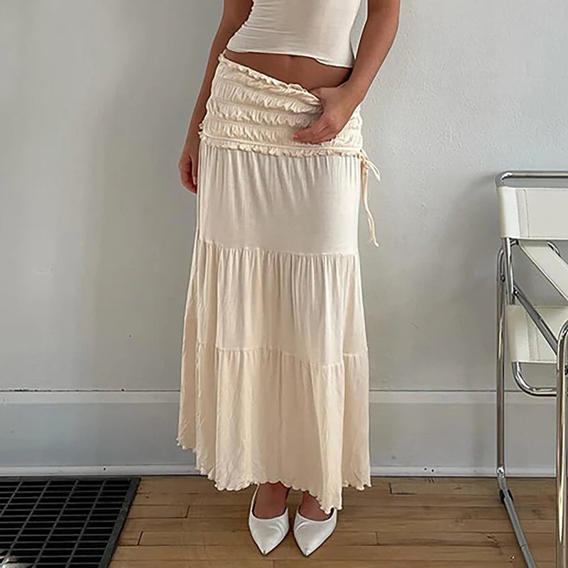 Lunivop Solid High Waist Stretchy Ruched Long Midi Skirt New Fashion 2024 Summer Streetwear Korean Casual Clothing