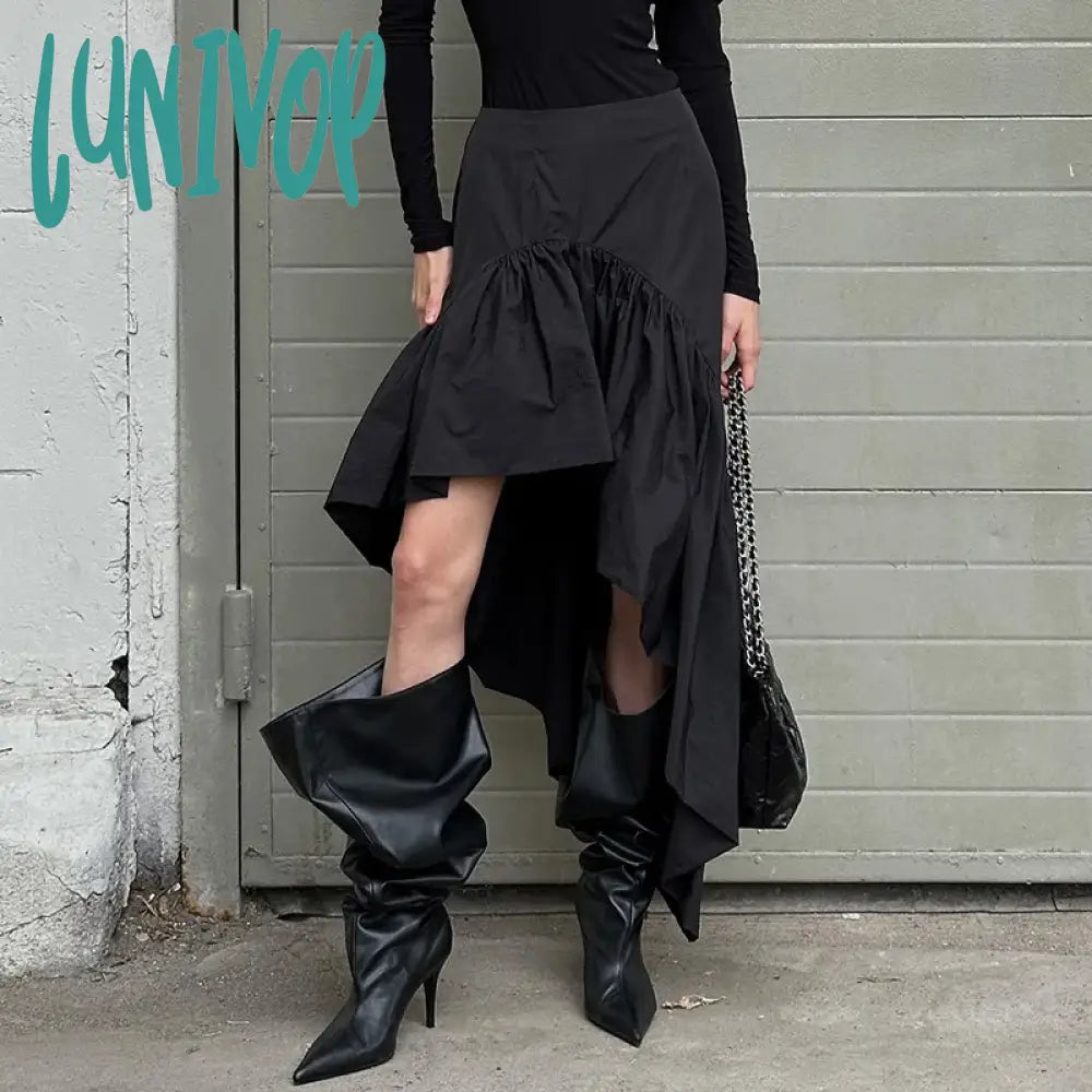 Lunivop Streetwear Fashion Irregular Skirt For Women Woven Splice Ruffled Midi Skirts Party Club Sexy High Waist Skirt Hot Girl