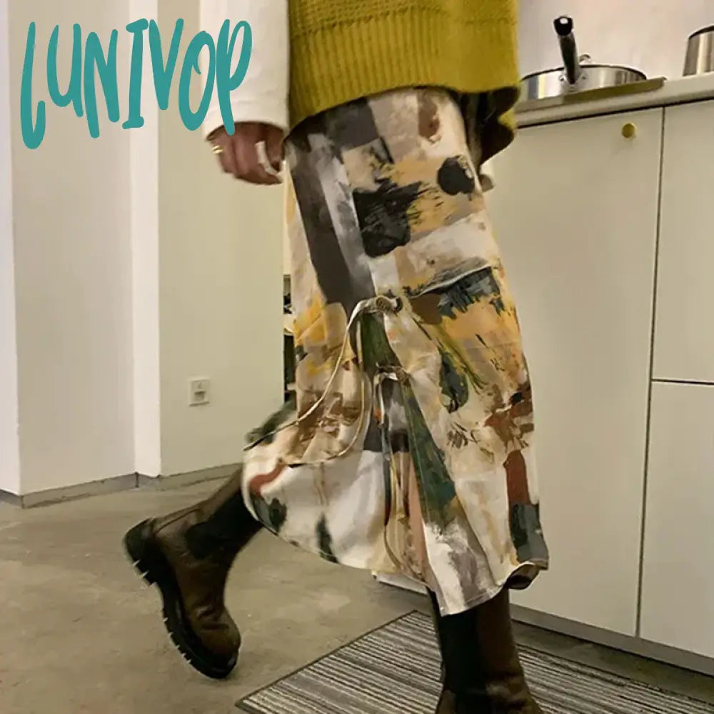 Lunivop Tie Dye Oil Painting Skirts Women Harajuku Straight Slit Midi Skirts Y2K Retro Streetwear High Waist Bandage Design Skirt