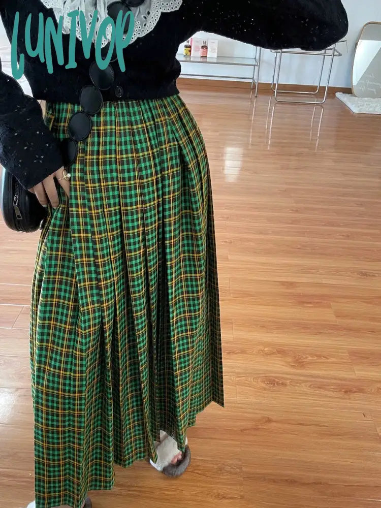 Lunivop Vintage Women Long Plaid Pleated Skirts For Female Thick Casual Loose High Waist A-Line Midi Skirt Autumn Winter