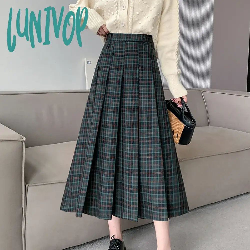 Lunivop Vintage Women Plaid Pleated Skirts For Ladies Long 2024 Spring Summer A-Line Loose Casual High Waist Midi Skirt