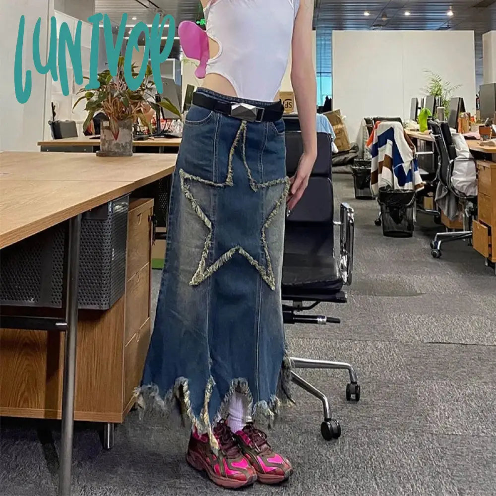 Lunivop Y2K 2000S Star Denim Midi Skirts Women Vintage Irregular Wrap Jean Skirt Summer Harajuku Korean High Waist A Line Faldas